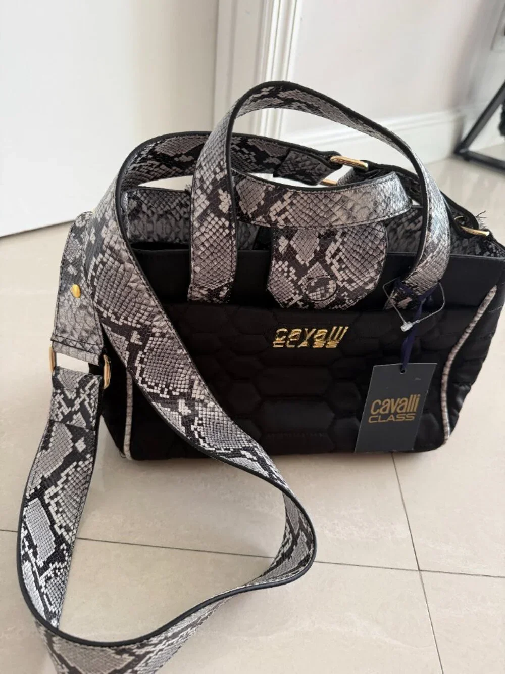 Cavalli Class Milano RMX Crossbody Satchel/Handbag – Black Leopard Accent